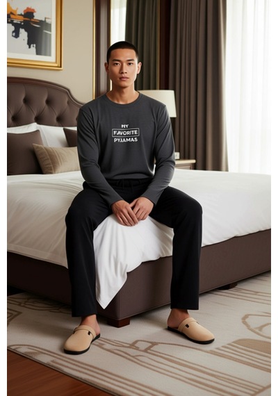 Erkek Antrasit Baskılı Sweatshirt Ve Pantolon Ev Giyim Takımı Fon