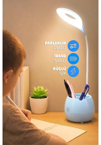 Şarjlı Masa Lambası Işık Ayarlanabilir Kalemlik Telefon Stand Ders Çalışma Okuma Işığı 0620 Turkuaz Turkuaz