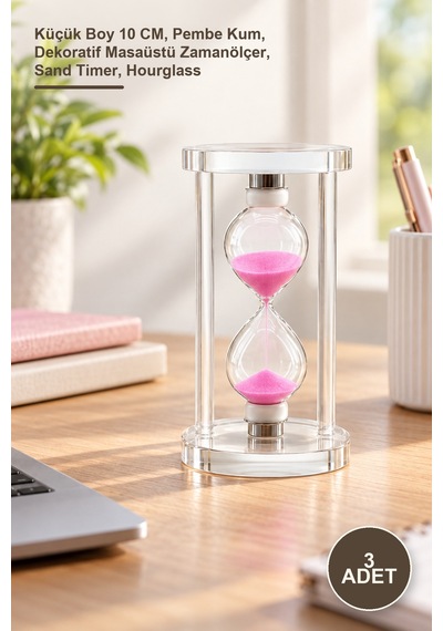 3 Adet Cam Standlı Kum Saati Küçük Boy 10 Cm, Pembe Kum, Dekoratif Masaüstü Zamanölçer, Sand Timer, Hourglass Diğer