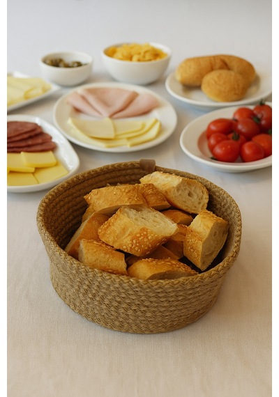 Kaan Home 13 Parça El Dokuma Kahvaltı Seti - 6 Supla 6 Çay Altı 1 Ekmek Sepeti Vegan Sunum Bej