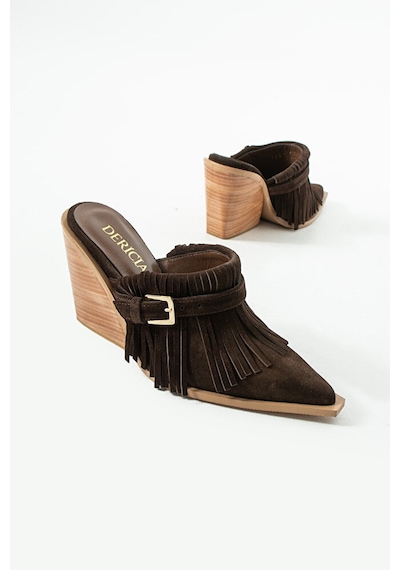 Dericia Shoes Luxe Kadın Hakiki Deri Süet Püskül Detaylı Kovboy Topuklu Terlik Kahverengi Dericia Shoes Luxe Kadın Hakiki Deri Süet Püskül Detaylı Kovboy Topuklu Terlik Kahverengi