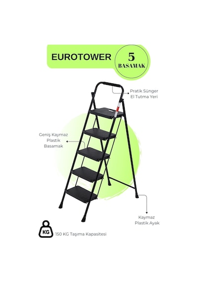 Eurotower 5 Basamak Özel Tasarım Geniş Basamaklı Siyah Merdiven 3+1