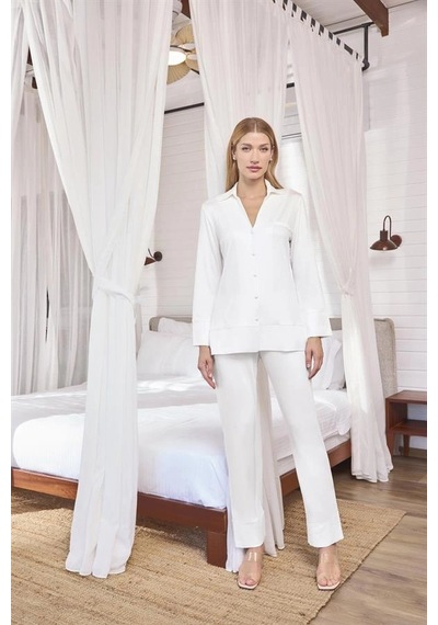 Aria's Closet Arias Closet Uzun Kollu Önü Düğmeli Gömlek Yaka Pijama Takımı Beyaz