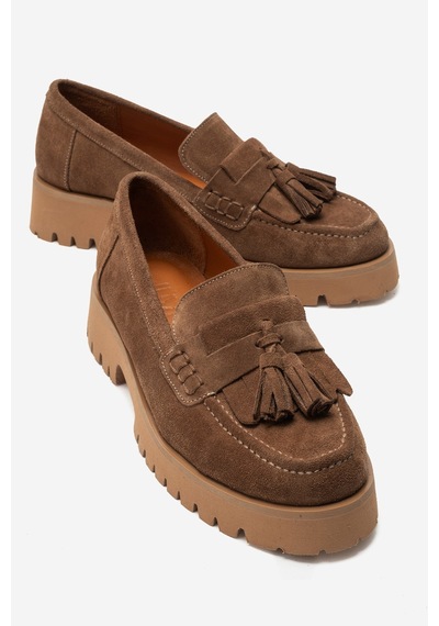 Luvi Shoes Poen Toprak Süet Hakiki Deri Püsküllü Kadın Loafer Ayakkabı