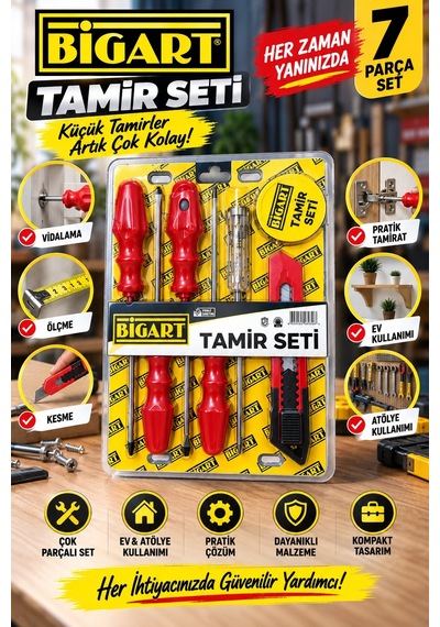 7 Parça Tamir Seti Tornavida, Kontrol Kalemi, Şerit Metre Ve Maket Bıçağı Çok Amaçlı Ev & Atölye S