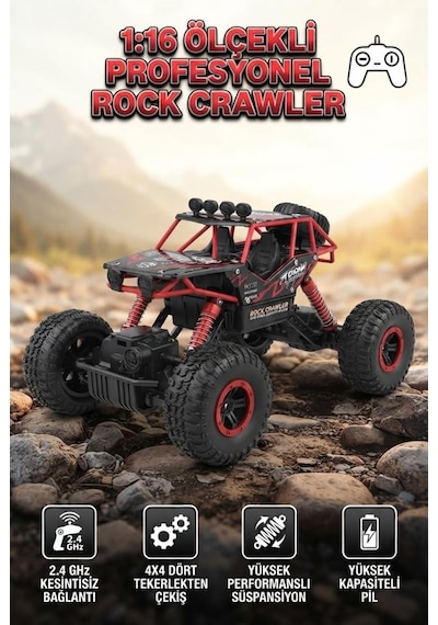 Rock Crawler 1:16 Ölçek 4x4 Uzaktan Kumandalı Buggy Jeep 27 Mhz Kumanda Kontrollü Oyuncak Jeep Kırmızı