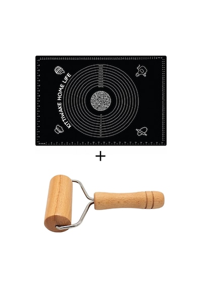 2 Li Siyah Silikon Hamur Açma Matı 45x65 Cm Ve Ahşap Saplı Silindir Hamur Açıcı 19 Cm Diğer