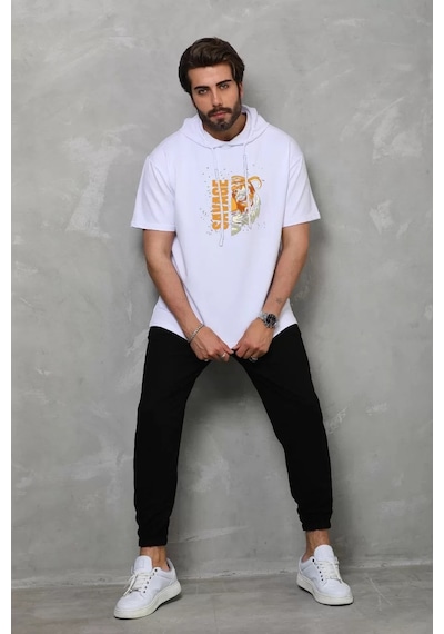 Unisex Kapşonlu Kısa Kol Oversize Baskılı T-shirt - Beyaz 001