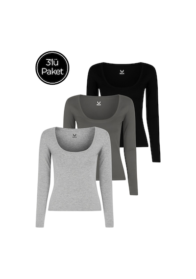 Rich Kadın 3'lü Paket Siyah-füme-gri Melanj U Yaka Vücudu Saran Uzun Kollu Bluz Füme