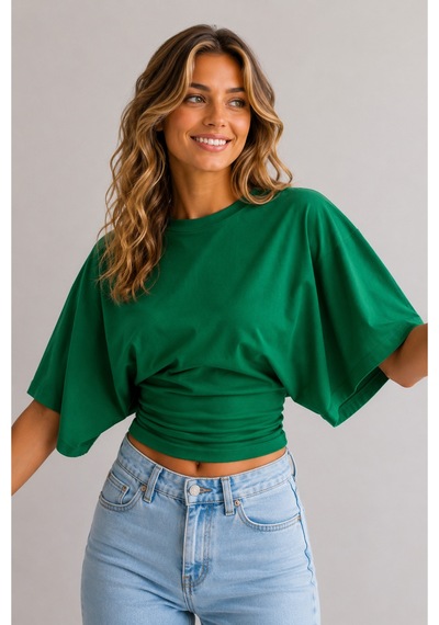 Overmax Bele Oturan Oversize Kollu Premium Crop Bluz Yeşil - 880759104 Yeşil