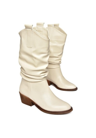 Fox Shoes R280080509 Bej Alçak Topuklu Büzgülü Kadın Çizme Bej