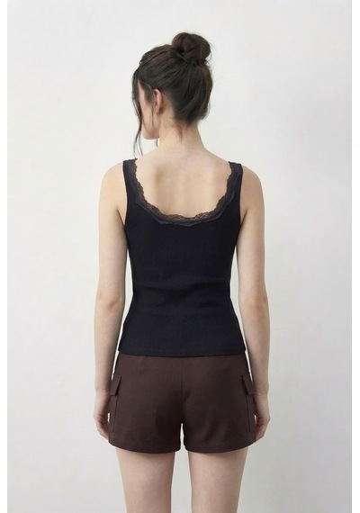 Shade Kadın Pamuklu Slim Fit U Yaka Dantelli Atlet 1053 60286022 - Siyah