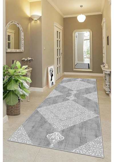 Pelangi Geometrik Karo Desenli Dijital Baskı Yıkanabilir Kaymaz Taban Modern Salon Halısı Ve Yolluk, Gri 60 X 200, 9 Çok Renkli