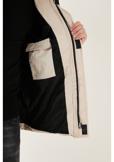 Buratti Fermuarlı Cepli Slim Fit Kapüşonlu Şişme Erkek Mont 5711050 Taş