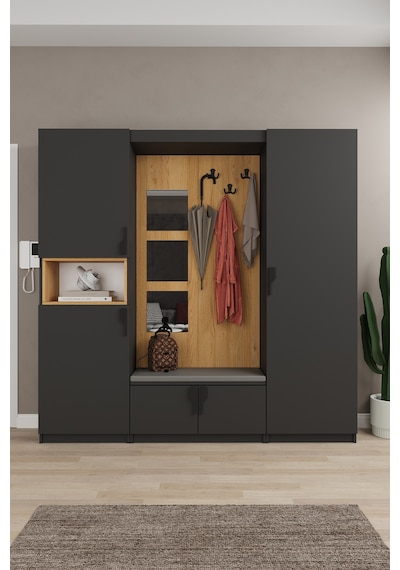 Lüks Aynalı Portmanto Askılı Vestiyer %100 Mdf Çok Raflı Ayakkabılık V05 Koyu Gri - Karina Lüks Aynalı Portmanto Askılı Vestiyer %100 Mdf Çok Raflı Ayakkabılık V05 Koyu Gri - Karina
