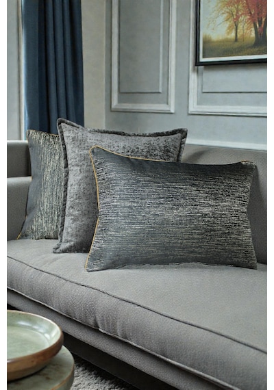 Kırlent Kılıfı Çizgili Desenli Jakarlı Dokuma Ve Kadife Kumaş Seti 45x45 35x50 Çift Taraflı Biyeli Füme