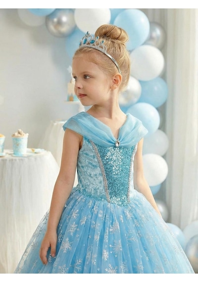 Butikhappykids Kız Çocuk Kostüm Mavi Elsa Frozen Düşük Omuz Detaylı Kasnaklı Kabarık Elsa Kostüm 3-8 Yaş Taç Hediyeli Mavi