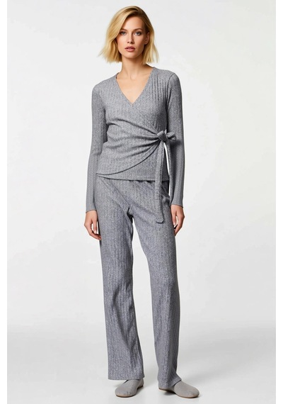 Benerly Kadın Kruvaze Yaka Uzun Kol Regular Fitilli Örme Pijama Takımı Fo Gri Melanj