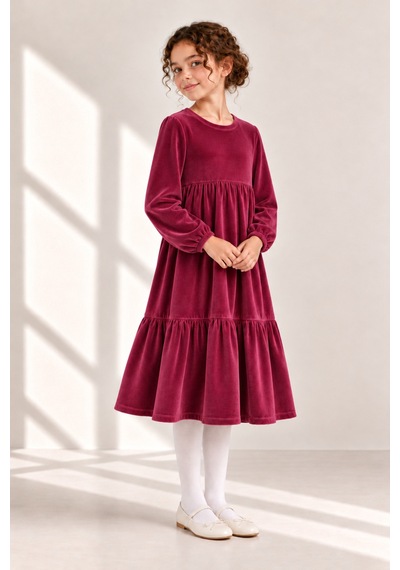 Angel&co. Girls Clothing Kadife Kız Çocuk Midi Elbise Bordo Bordo