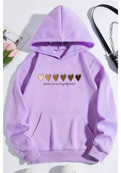 Unisex Kalp Baskılı Oversize Sweatshirt Lila