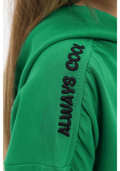 Kız Çocuk Oversize Kapüşonlu Büzgülü Düşük Omuz Nakış Baskılı Yırtmaçlı Sweatshirt - 2 İplik Çimen Yeşili