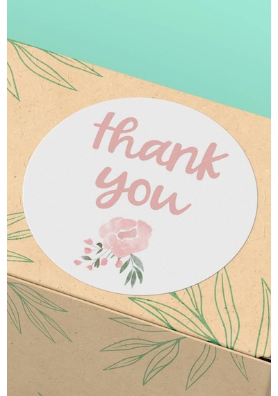 Thank You Pembe Çiçekli Yuvarlak Sticker Etiketi 3x3cm St2004 Çok Renkli