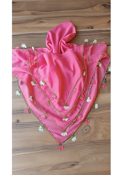 El Emeği İğne Oyalı Pembe Yazma / Yemeni - Çiçek Motifli Çeyizlik Eşarp Açık Pembe - Pembe