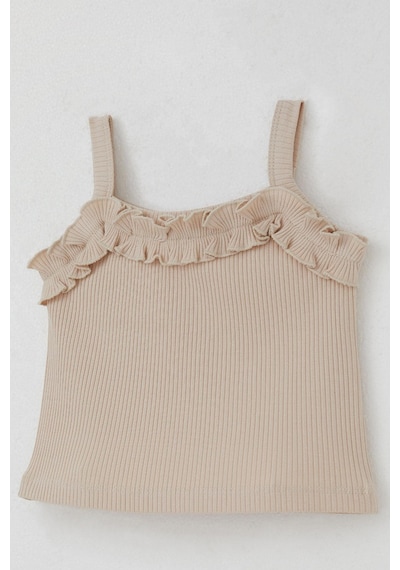Breeze Kız Çocuk Askılı Crop Tişört Fırfır Detaylı 8-14 Yaş, Bej Bej