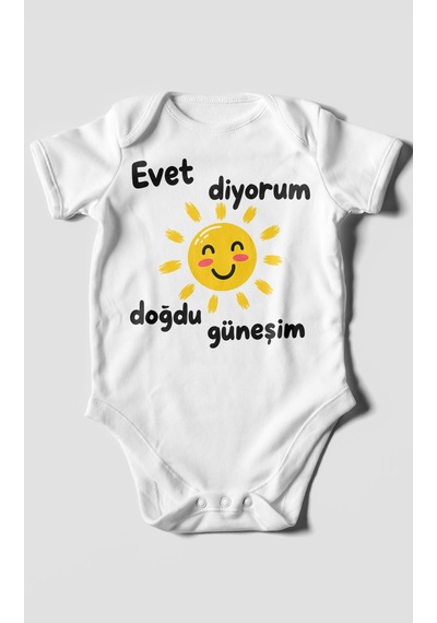 Morivokids Evet Diyorum Doğdu Güneşim Kısa Kollu Bebek Body %100 Pamuk Beyaz
