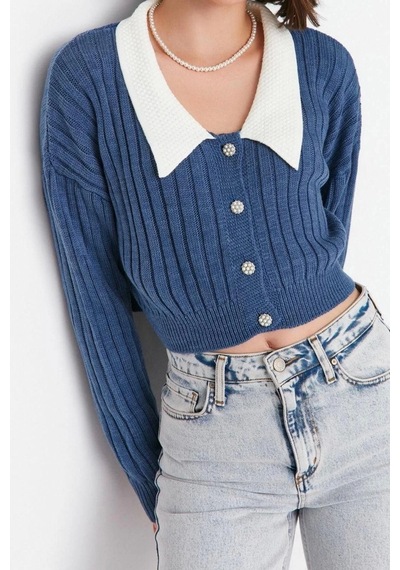 Ersefa Kadın Modern Tarz Regular Bebe Yaka Crop Triko Hırka Indigo
