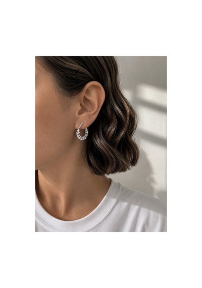 Çelik Silver Kıvrımlı Daire Form Damla Taşlı Shimmer Küpe -kararma Yapmaz- Gümüş