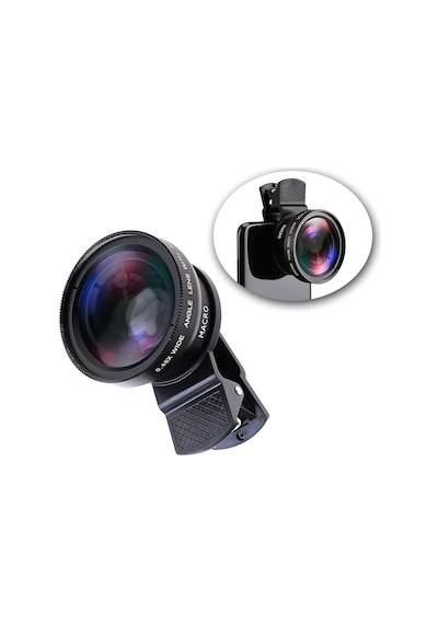 2 Si 1 Arada Klipsli Telefon Kamera Lensi 0.45x Ultra Geniş Açı 10x Makro 37mm Evrensel 49mm Uv Port Siyah Siyah