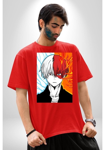 My Hero Academia Boku Anime Pamuklu Bisiklet Yaka Unisex Oversize Boyfriend Dijital Baskılı Kırmızı T-shirt Kırmızı