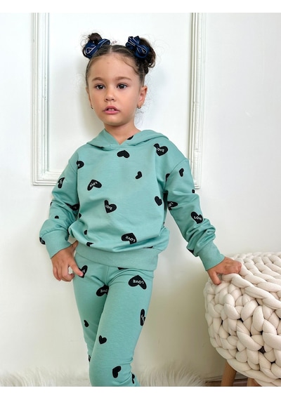 Lolliboomkids Kız Çocuk Mini Kalp Love Desenli Kapüşonlu Alt Üst Takım 2 Parça Yeni Sezon Yeşil