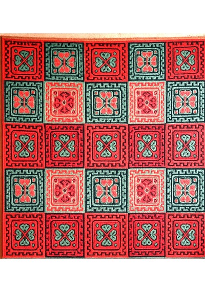Çift Taraflı 3 Mekik Karo Desen Pamuklu Makine Dokuma Kilim Kırmızı - Yeşil - Siyah