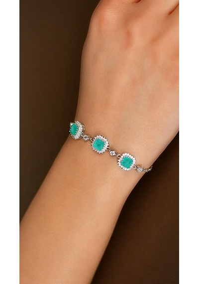 Paraiba Taşlı Rodyum Kare Anturaj Gümüş Bileklik