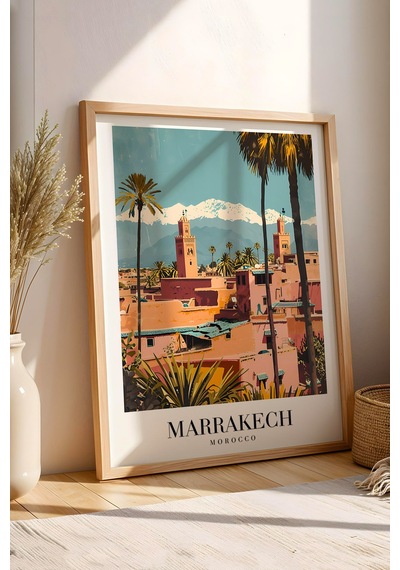 Marrakech Morocco Vintage Seyahat Posteri Çerçeveli Tablo - Premium Atlas Dağları Elit Duvar Dekoru Kayın Marrakech Morocco Vintage Seyahat Posteri Çerçeveli Tablo - Premium Atlas Dağları Elit Duvar Dekoru Kayın