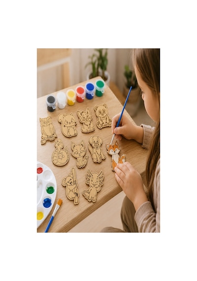 Ahşap Boyama Hayvanlar 10 Lu 1 Paket 10x15cm Set1 Ahşap Boyama 6 Renk Boya Resim Fırçası Etkinlik Çocuk Gelişim Motor