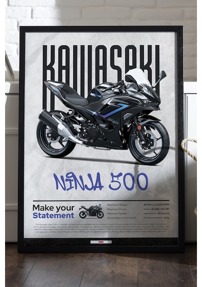 Kawasaki Ninja 500 Siyah Ahşap Çerçeveli Poster, Dekoratif Motosiklet Duvar Tablosu