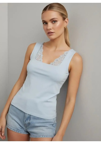 Park Karon 26004 Kadın Dantel Detaylı Kare Yaka Modal Örme Bluz Mavi