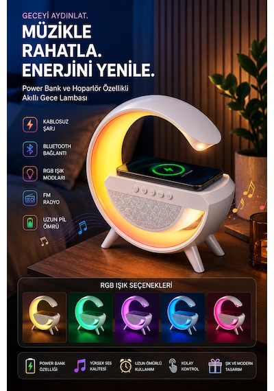 Forlife Fl-8093 G Tasarım Akıllı Gece Lambası Wireless Şarjlı Bluetooth Speaker 321-6 Beyaz