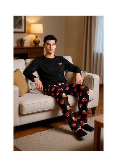 Ersefa Ayıcık Desenli Bisiklet Yaka Uzun Kollu Pijama Seti Unisex Fonksi Siyah