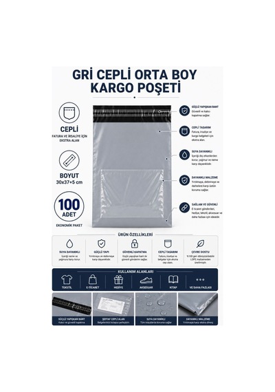 Northcity Gri Cepli Orta Boy Kargo Poşeti 30x37+5 Cm 100 Adet