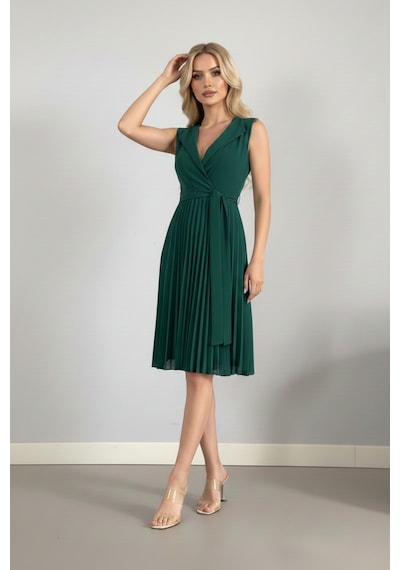 Defymoda Kadın Plise Detaylı Kuşaklı Modern Elbise Yeşil