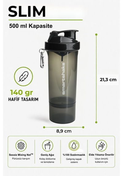 Smartshake Slim Serisi 500 Ml Siyah Protein Shaker