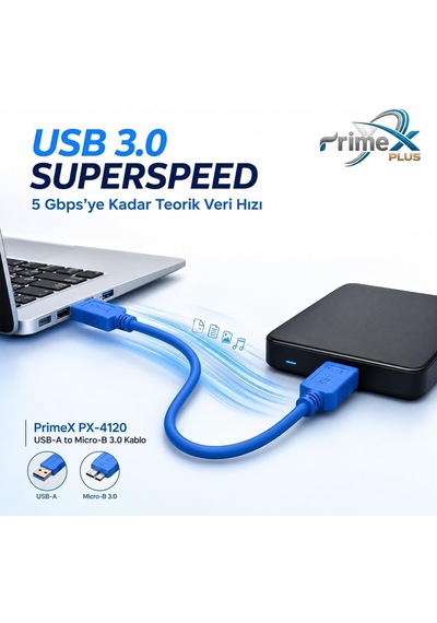 Primex Px-4120 Usb 3.0 30 Cm Taşınabilir Harddisk Kablosu, Usb-a To Micro-b Harici Disk Data Ve Güç Kablosu, Wd Seagate Toshiba Samsung Adata Intenso Uyumlu Kısa Usb 3.0 Hdd Ssd Bağlantı Kablosu