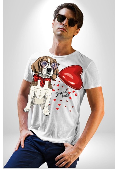 Poodle Ve Beagle Sevililer Günü Hediyesi Unisex Unisex Beyaz Organik Baskılı T-shirt Penye Yüksek Kalite Beyaz