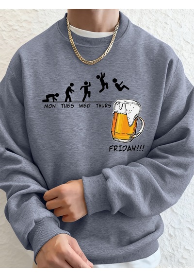 Startmore Startmorecuma Bira Sevgilisi Komik Baskılı Erkek Kazak Kış Polar Sıcak Hoodies Kore Gevşek Bisiklet Ya Gri