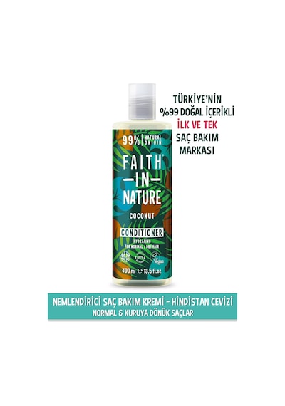 Faith in Nature %99 Doğal nemlendirici Hindistan Cevizi Normal & Kuruya Dönük Saçlar İçin Saç Bakım Kremi 400 ML