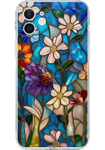 Printify Apple Uyumlu iPhone 12 Mini İle  Vitray Mavi Bahar Tasarımlı Şeffaf Silikon Kılıf Şeffaf
